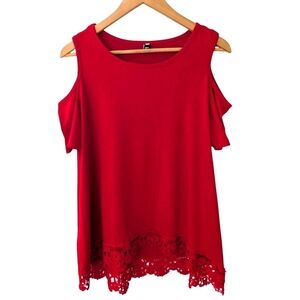 Ragemall Red Cold Shoulder Lace Hem Top Short Sleeve Cotton Size M